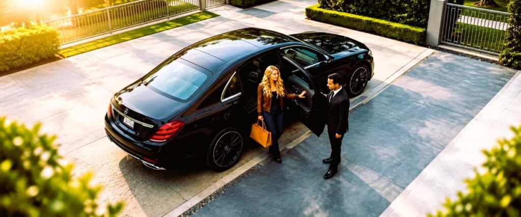 Executive black car sedan parked in downtown New Orleans ready for chauffeured airport pickup.