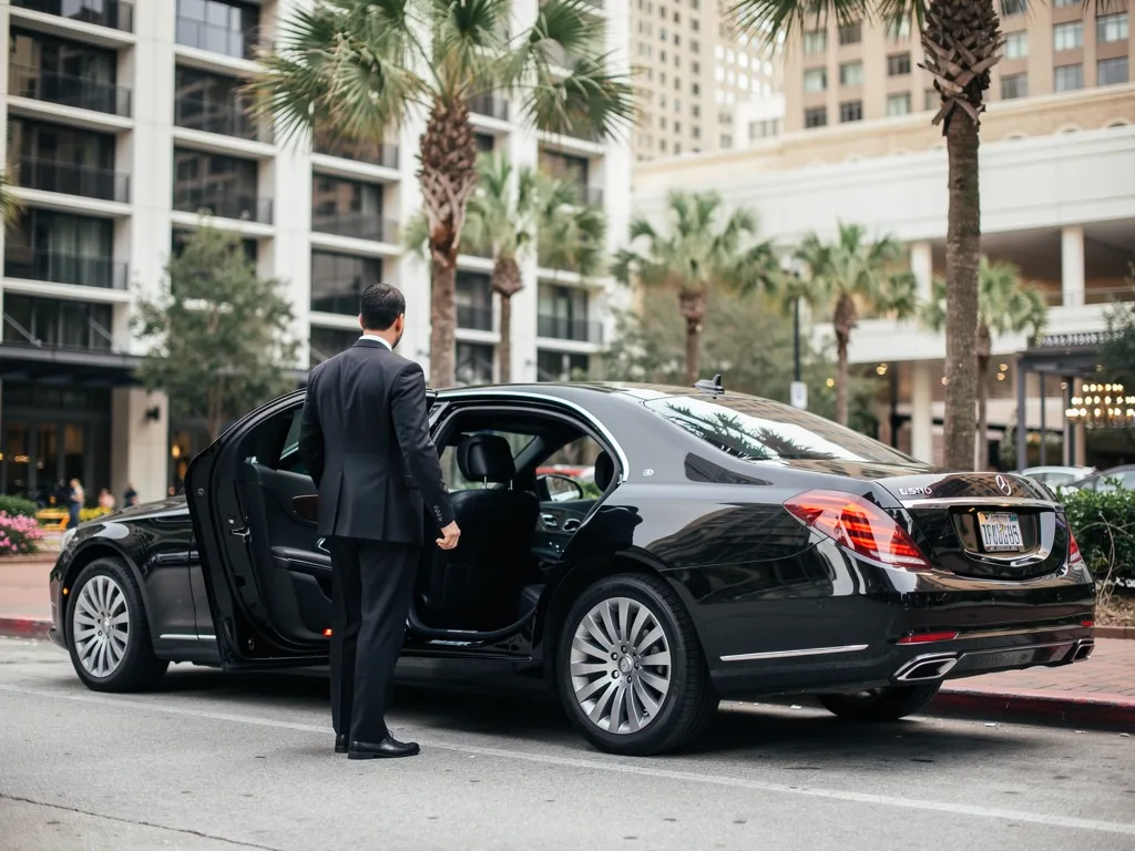 Chauffeur greeting a business traveler beside a black executive SUV